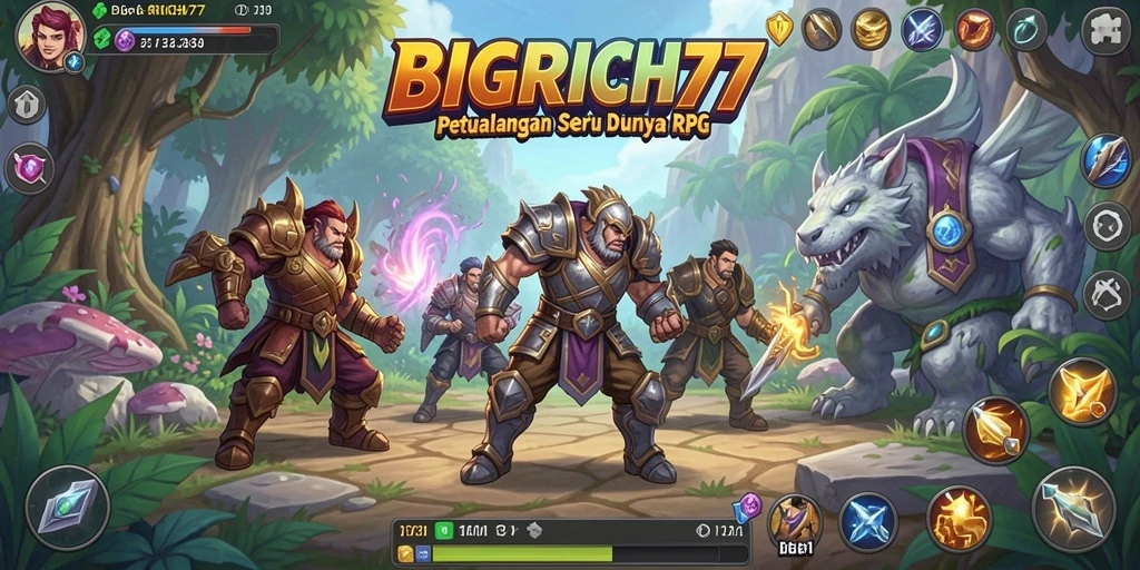 Screenshot utama gameplay BIGRICH77 menampilkan pertarungan epik karakter RPG.