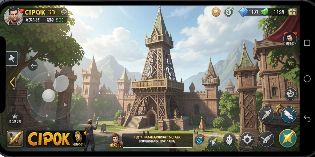 Tampilan gameplay dari CIPOK menunjukkan menara bertahan melawan gelombang musuh.