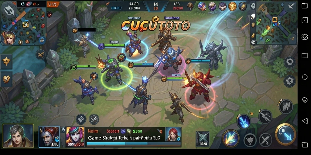 Screenshot gameplay CUCUTOTO menampilkan strategis pembangunan dan pertempuran.