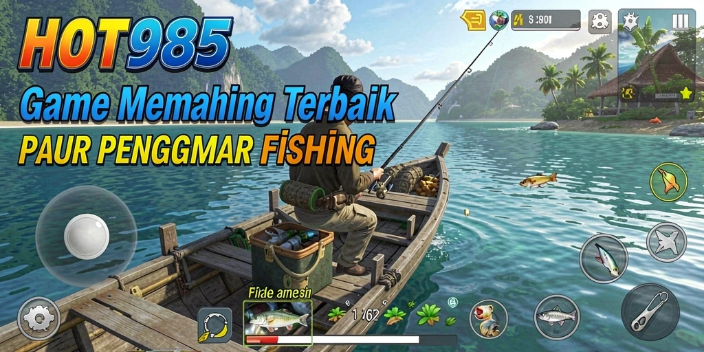 Screenshot menampilkan gameplay menarik dari HOT985 dengan aksi memancing yang seru.