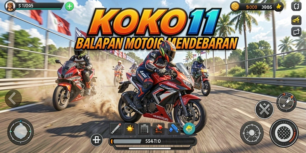 Screenshot dari gameplay KOKO11 yang menampilkan balapan motor yang seru.