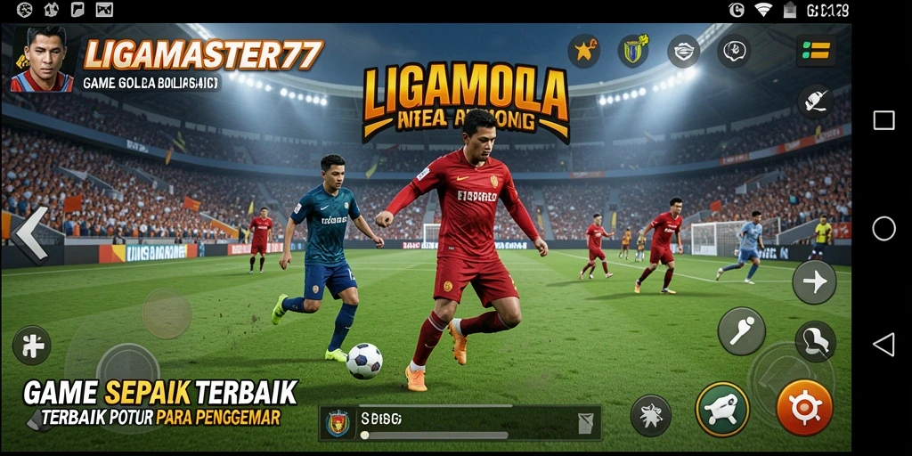 Screenshot gameplay LIGAMASTER77 menampilkan aksi seru di lapangan sepak bola.