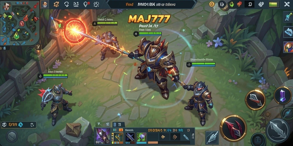 Screenshot gameplay MAJ777 dengan berbagai karakter bertarung di arena.