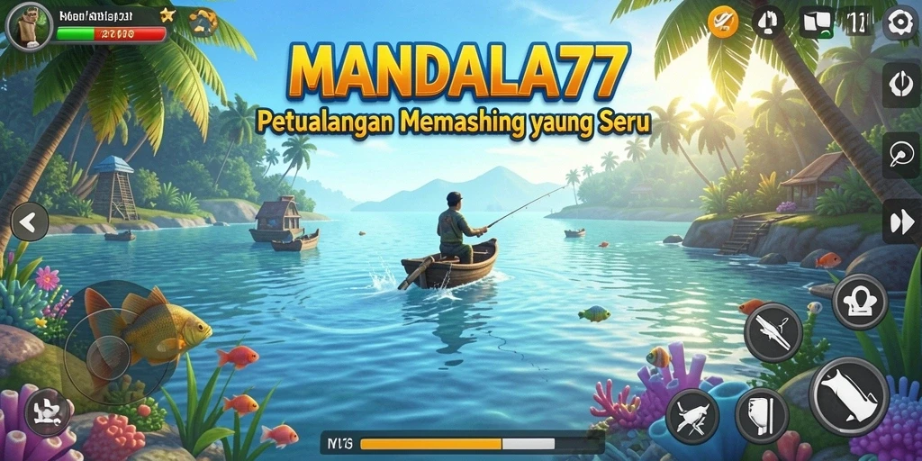 Screenshot gameplay MANDALA77 menampilkan aksi memancing yang seru.