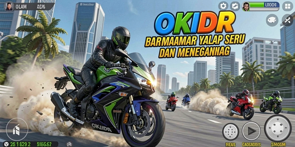 Tangkapan layar permainan OKIDR yang menunjukkan aksi balap motor yang seru.