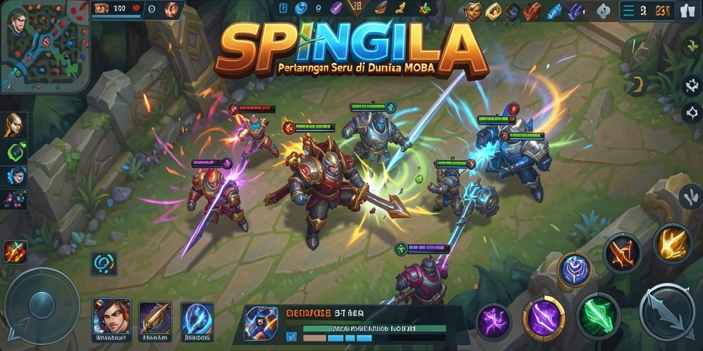 Tampilan seru dari gameplay SPINGILA dengan aksi MOBA yang intens.