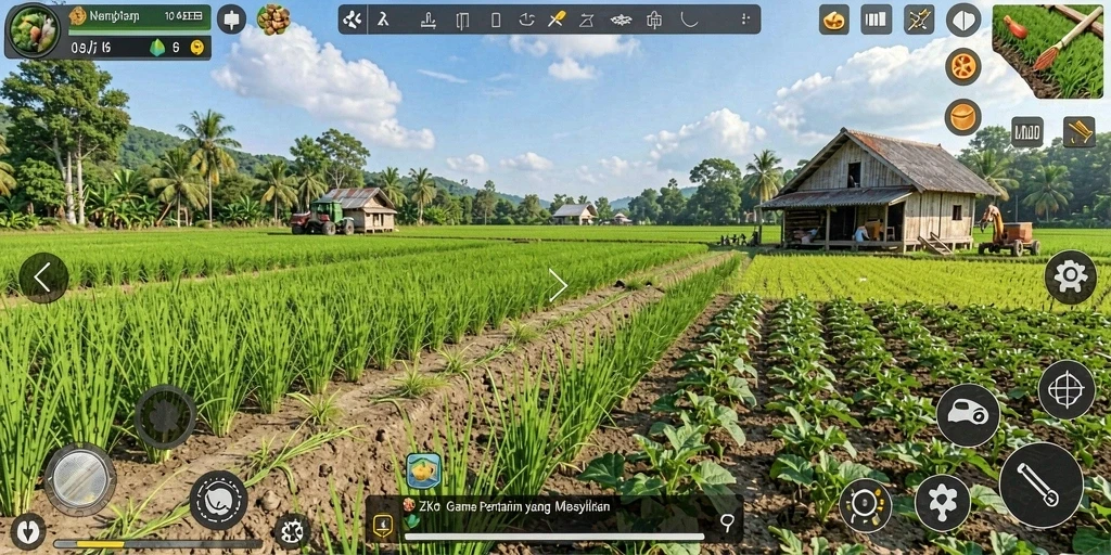 Tampilan gameplay menakjubkan dengan suasana pertanian yang cerah.
